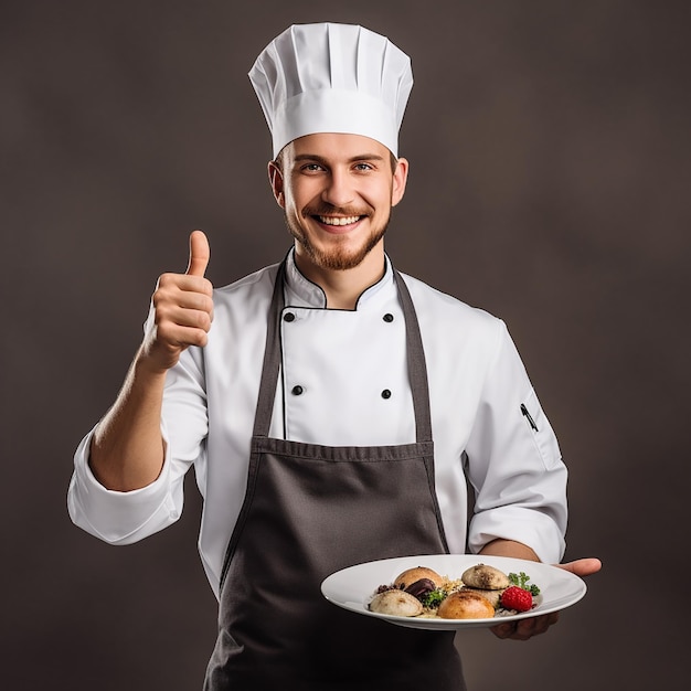 Professionele chef-kok die teken toont voor heerlijk. Mannelijke chef-kok in wit uniform met perfect teken.