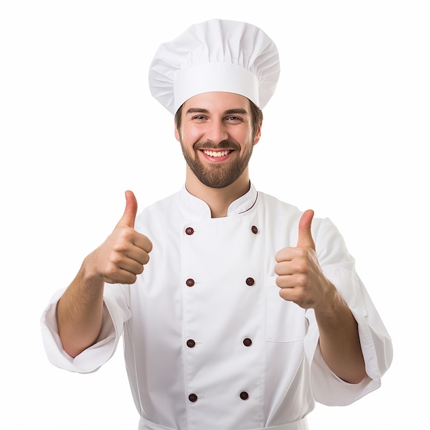 Professionele chef-kok die teken toont voor heerlijk. Mannelijke chef-kok in wit uniform met perfect teken.