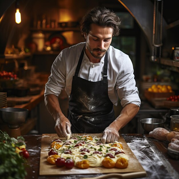 Professionele chef-kok in een pizzeria pizzaiolo Vetvoedsel en fastfood concept koken beroep c