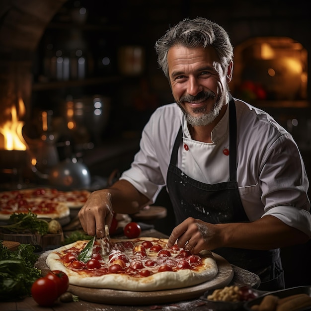 Professionele chef-kok in een pizzeria pizzaiolo Vetvoedsel en fastfood concept koken beroep c
