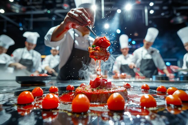 Foto professionele chef-kok versierde een heerlijk gerecht met verse tomaten in een moderne restaurantkeuken met