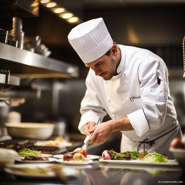 Professionele chef-kok werkplaats in de keuken van een restaurant Close-up beeld van een man die met de hand soep roert