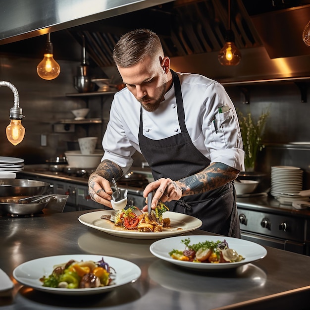 Professionele chef-kok werkplaats in de keuken van een restaurant Close-up beeld van een man die met de hand soep roert