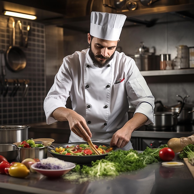 Professionele chef-kok werkplaats in de keuken van een restaurant Close-up beeld van een man die met de hand soep roert