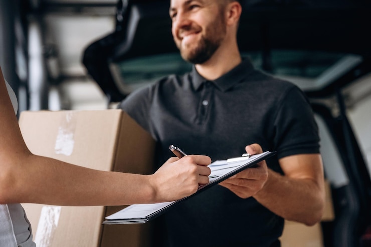 Foto professionele dienst vrouw neemt haar bestelling op van de bezorger met de auto