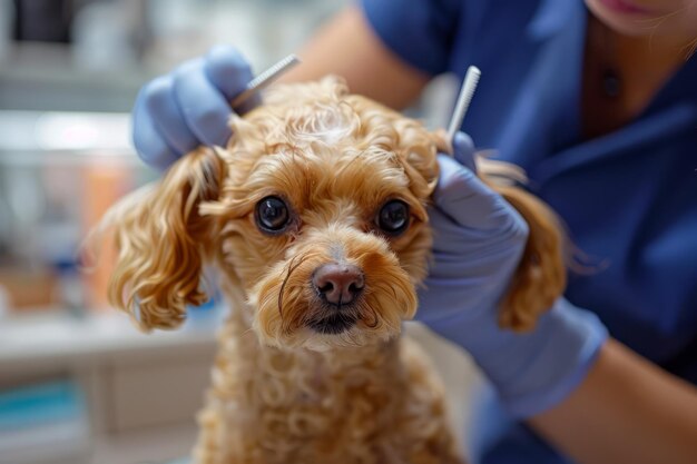 Professionele dierenarts die een schattige bruine poedel verzorgt bij een dierenkliniek