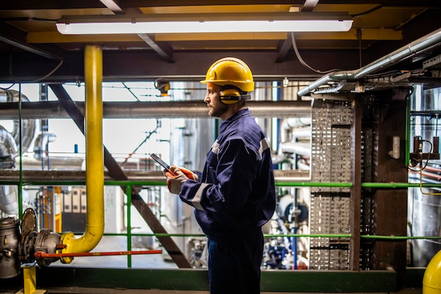 Professionele fabrieksarbeider met gele veiligheidshelm en oorbeschermers in de petrochemische raffinaderij