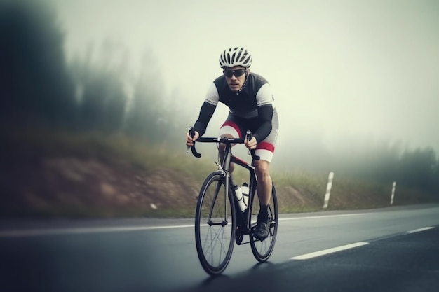 Professionele fietser in beschermende helmtreinen op generatieve AI op de weg