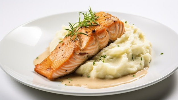 Professionele foodfotografie van zalm met aardappelpuree