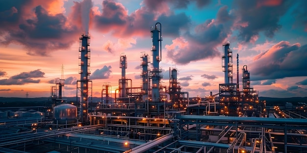Professionele foto van een industriële fabriek met een grote olieraffinaderij en opslagtanks onder een bewolkte lucht met kopieerruimte in het midden Concept Industriële fabriek Olie raffinaderij opslagtanken