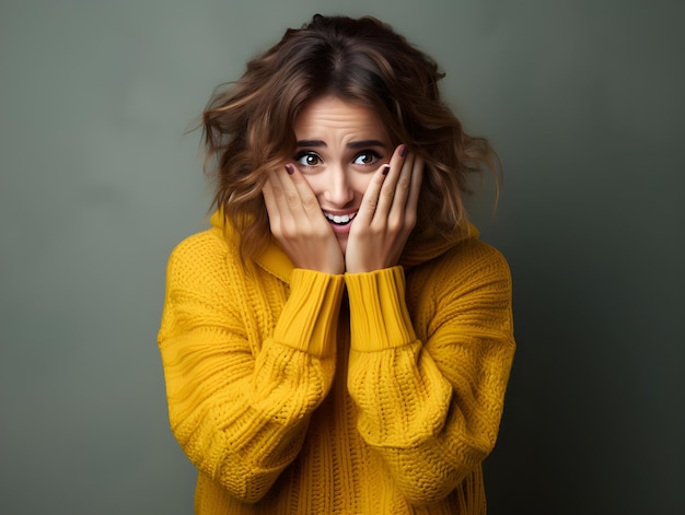 Professionele foto van een mooie jonge dame in een verbaasde pose met expressieve gezichts- en lichaamstaal