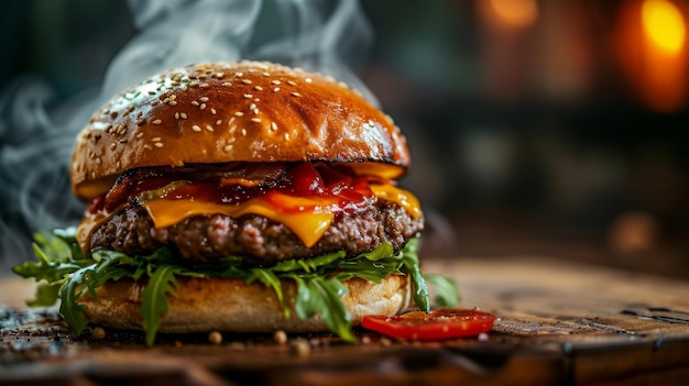 Professionele foto van een smakelijke vleesburger op een zwarte achtergrond