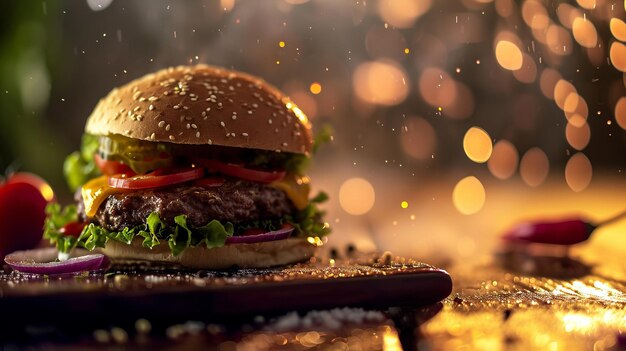 Professionele foto van een smakelijke vleesburger op een zwarte achtergrond