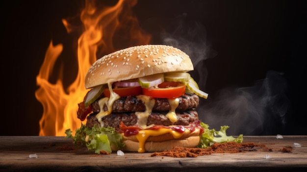 Professionele foto van een smakelijke vleesburger op een zwarte achtergrond