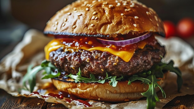 Professionele foto van een smakelijke vleesburger op een zwarte achtergrond