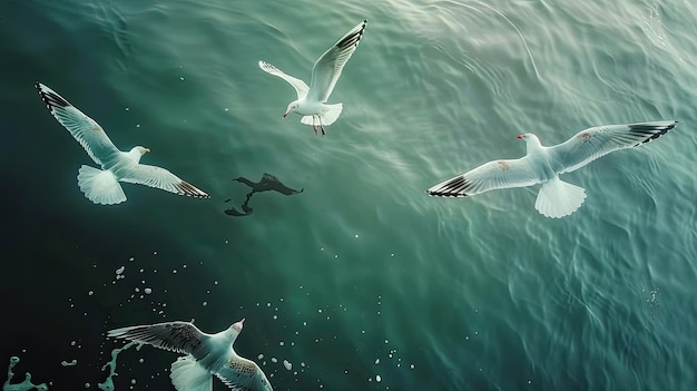 Professionele fotografie Majestueuze meeuwen die boven de oceaan zweven Adembenemend luchtbeeld