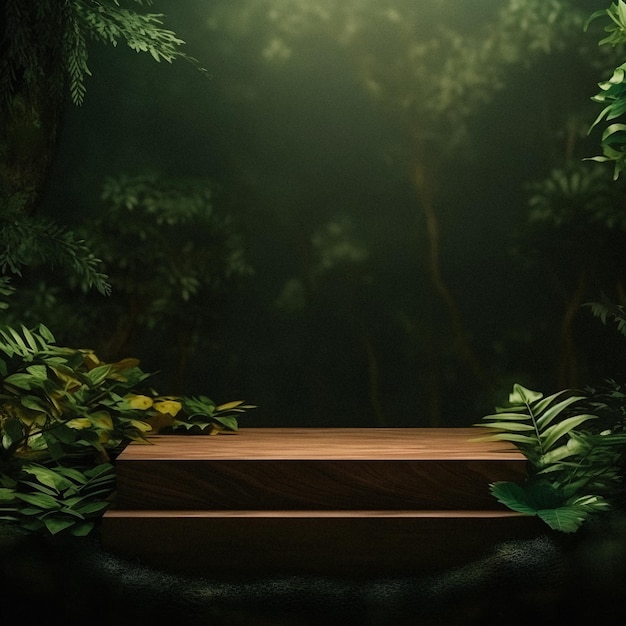 Professionele fotografie van lege ruimte mockup-podium met jungle-thema met een prachtige natuurachtergrond