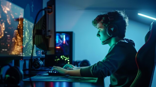 Professionele gamer speelt FirstPerson Shooter Online Video Game op zijn krachtige personal computer met kleurrijke Neon Led Lights Jonge man draagt een pet Living Room verlicht in Low Key Evening Style