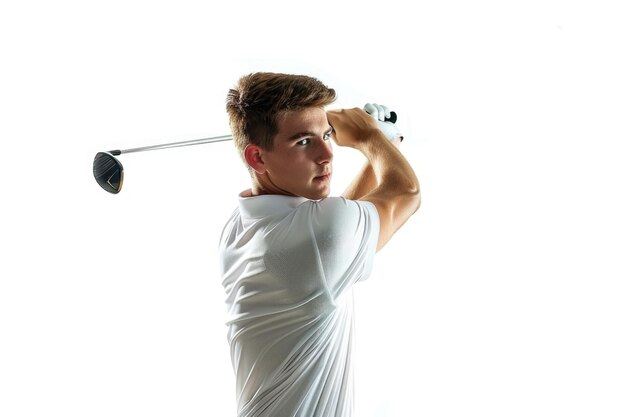 Foto professionele golfer die oefent met heldere emoties op een witte achtergrond