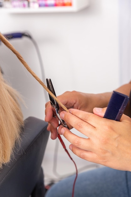 Professionele haarstylist met kam en hete thermische schaar snijpunten van lang steil haar slot close-up