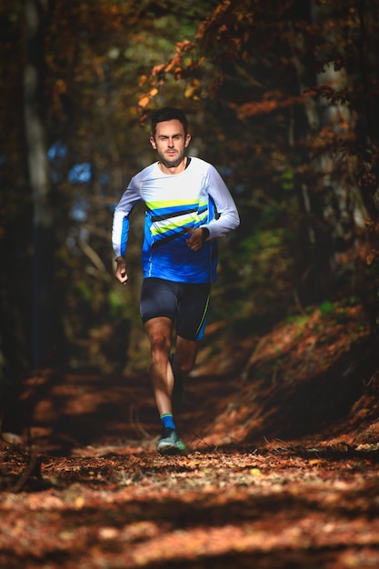 Professionele hardloper in het bos tijdens een training