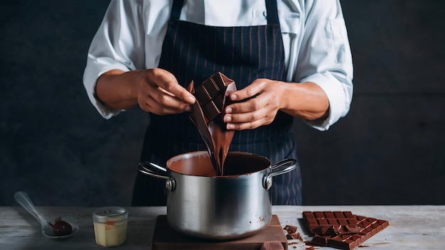 Professionele hoofd zwarte man draai smakelijke gesmolten chocolade in een grote stalen pot voordat chocolade te maken