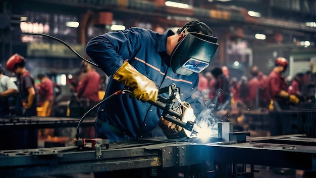 Professionele industriële lasser die metalen onderdelen lust in een metaalbewerkingsfabriek