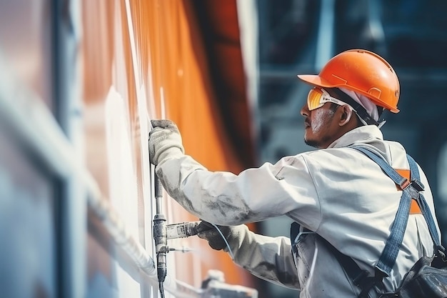 professionele industriële schilder in harde hoed en werkklomp