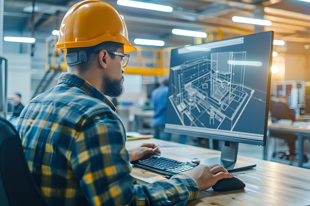 Professionele ingenieur bekijkt digitale blauwdrukken op de computer op de bouwplaats