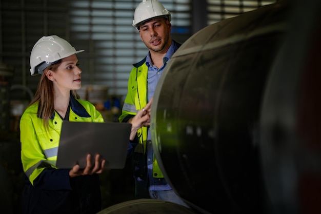 Professionele ingenieurswerkers lopen en checken in de magazijnfabriek