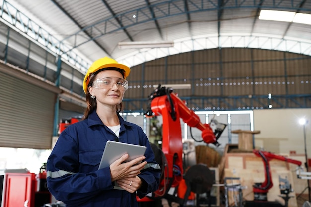 Professionele jonge industriële fabrieksvrouw die in de fabriek van de fabriek werkt