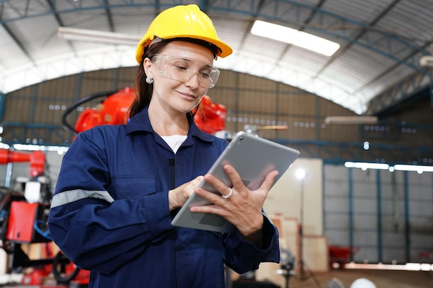 Professionele jonge industriële fabrieksvrouw die in de fabriek van de fabriek werkt