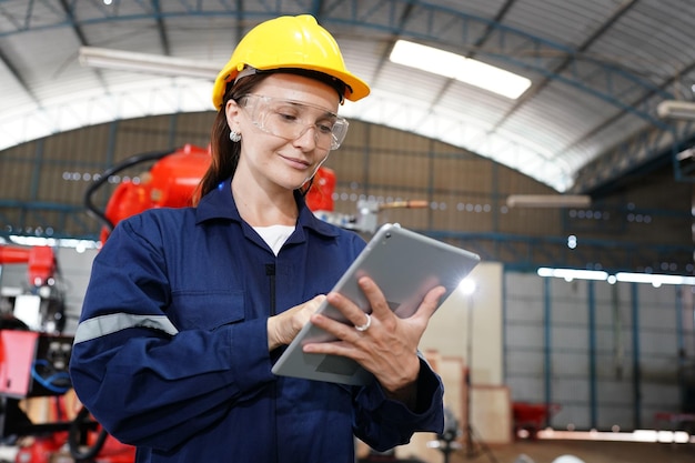 Professionele jonge industriële fabrieksvrouw die in de fabriek van de fabriek werkt