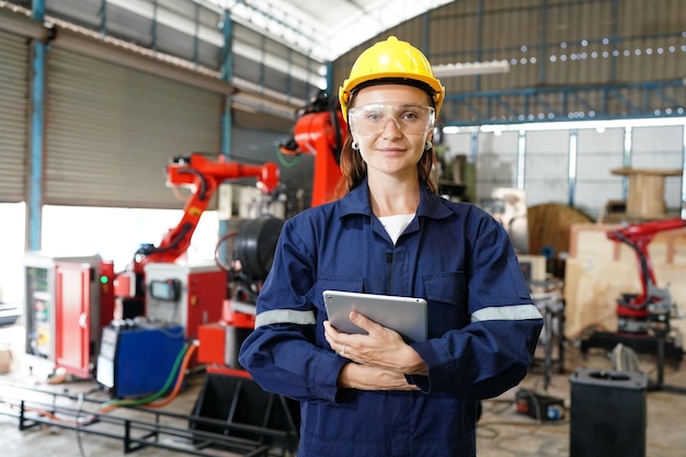 Professionele jonge industriële fabrieksvrouw die in de fabriek van de fabriek werkt