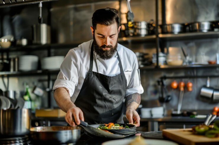 Foto professionele kok in een schort concentreert zich op het bereiden van een gourmetgerecht in de keuken van een modern restaurant
