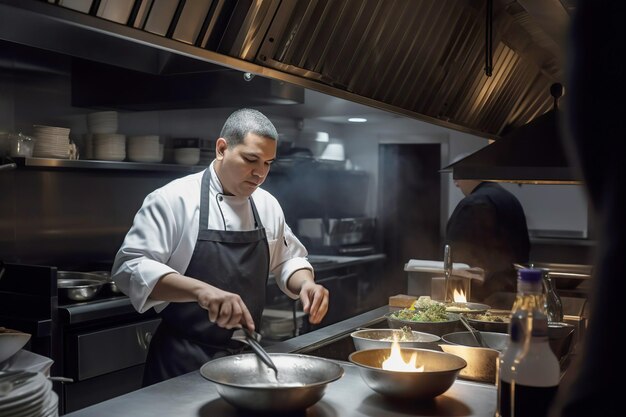 Professionele Latijns-Amerikaanse chef-kok die gastronomische maaltijden bereidt in de keuken van een restaurant AI Gegenereerde inhoud