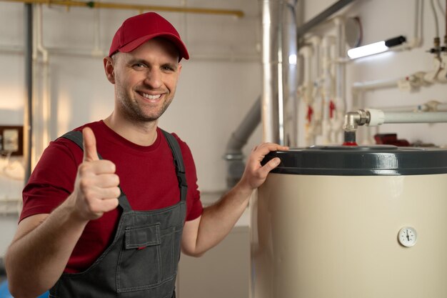 Foto professionele loodgieter inspecteert een waterverwarmer in een woonkamer