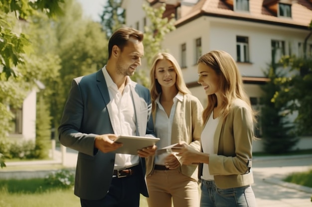 Professionele makelaar toont een populaire locatie van onroerend goed aan een jong succesvol stel Vrouwelijke makelaar met tablet Wandelen met familie naar het huis Nieuwe huiseigenaren Slow Motion