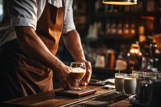 Professionele mannelijke barista die koffie bereidt AI gegenereerd