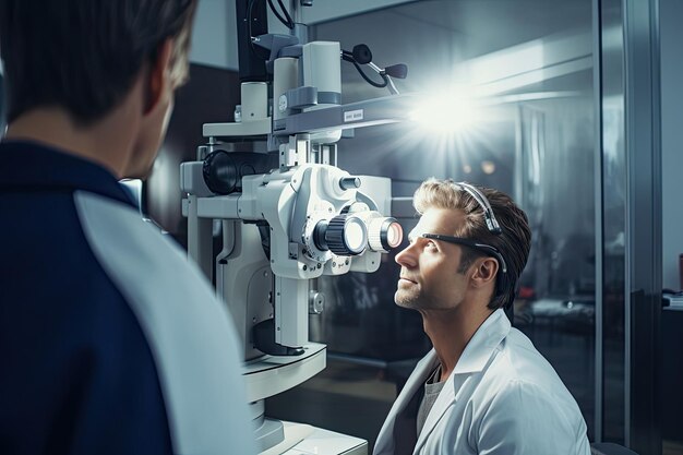Professionele oogarts die patiënt onderzoekt met moderne apparatuur voor gezichtscontrole