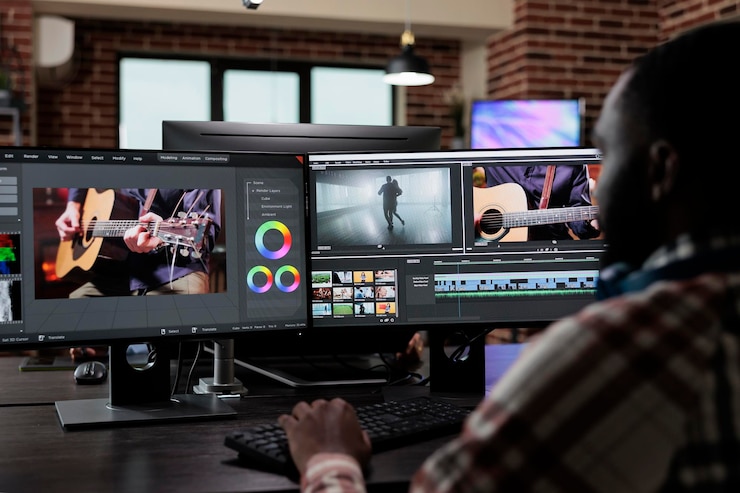 Foto professionele postproductie-editor die beeldmontage en visuele verbetering doet. kantoormedewerker van een creatief bureau zit op een werkstation met meerdere monitoren tijdens het bewerken van grafische inhoud op de computer.