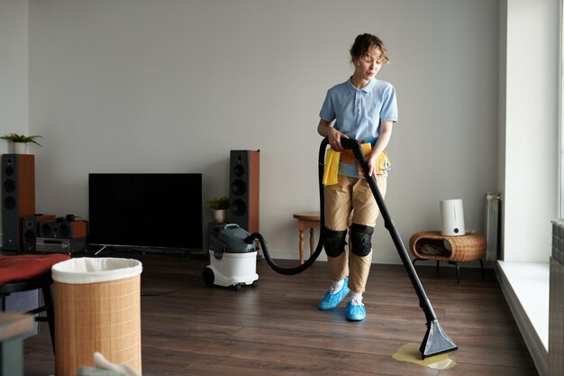 Professionele reiniger die het appartement stofzuigt