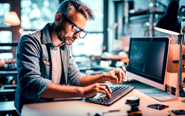 Professionele reparateur die computers in de werkplaats repareert AI_Generated