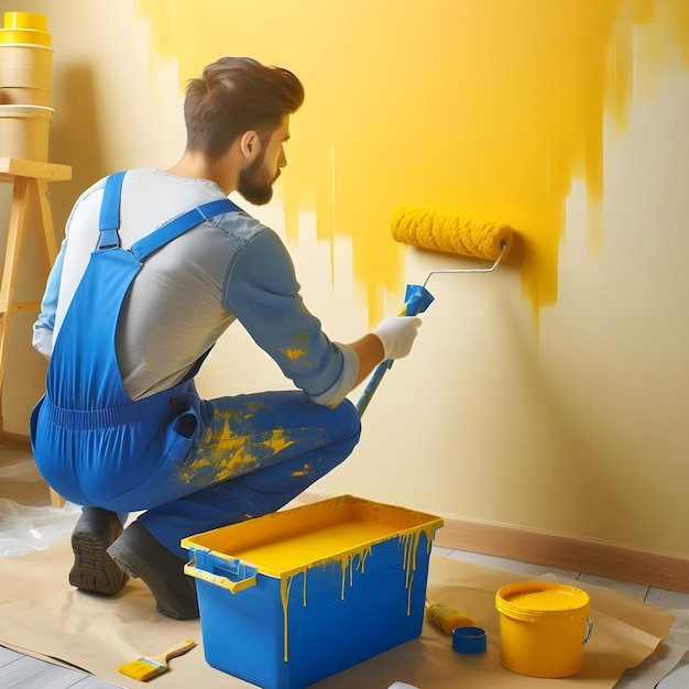 Professionele schilder in overalls die heldere gele verf op een binnenmuur aanbrengt