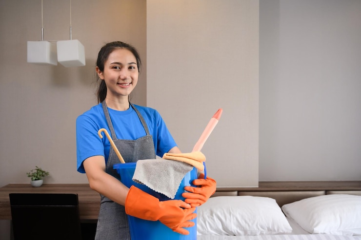 Foto professionele schoonmaakster vrouw in rubberen handschoenen die een emmer met stoffen kleren en een borstel vasthoudt om schoon te maken