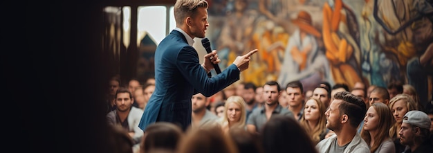 Professionele spreker in een seminarie die een lezing geeft aan het publiek in een auditorium