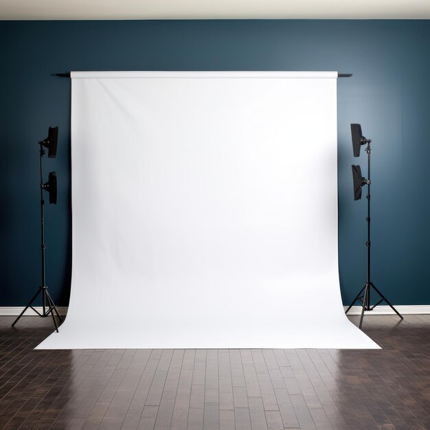 Foto professionele studioapparatuur helder verlichte creatieve fotografie setup met flitsspotlight en reflectoren op witte achtergrond