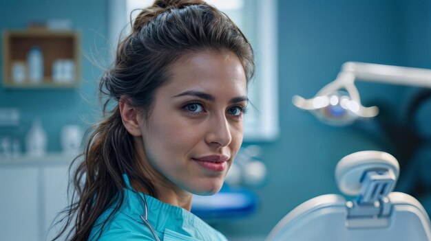 Professionele tandartsvrouw in blauw uniform staat zelfverzekerd in het tandartsbureau