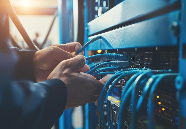 Professionele technicus die werkt aan het onderhoud van servers, rack, verbindingskabels en datacentra