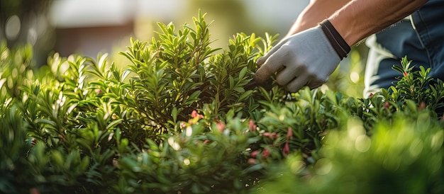 Professionele tuinarchitect die struik snoeit met een tuinschaar Achtergrond wazig Kopieer beschikbare ruimte